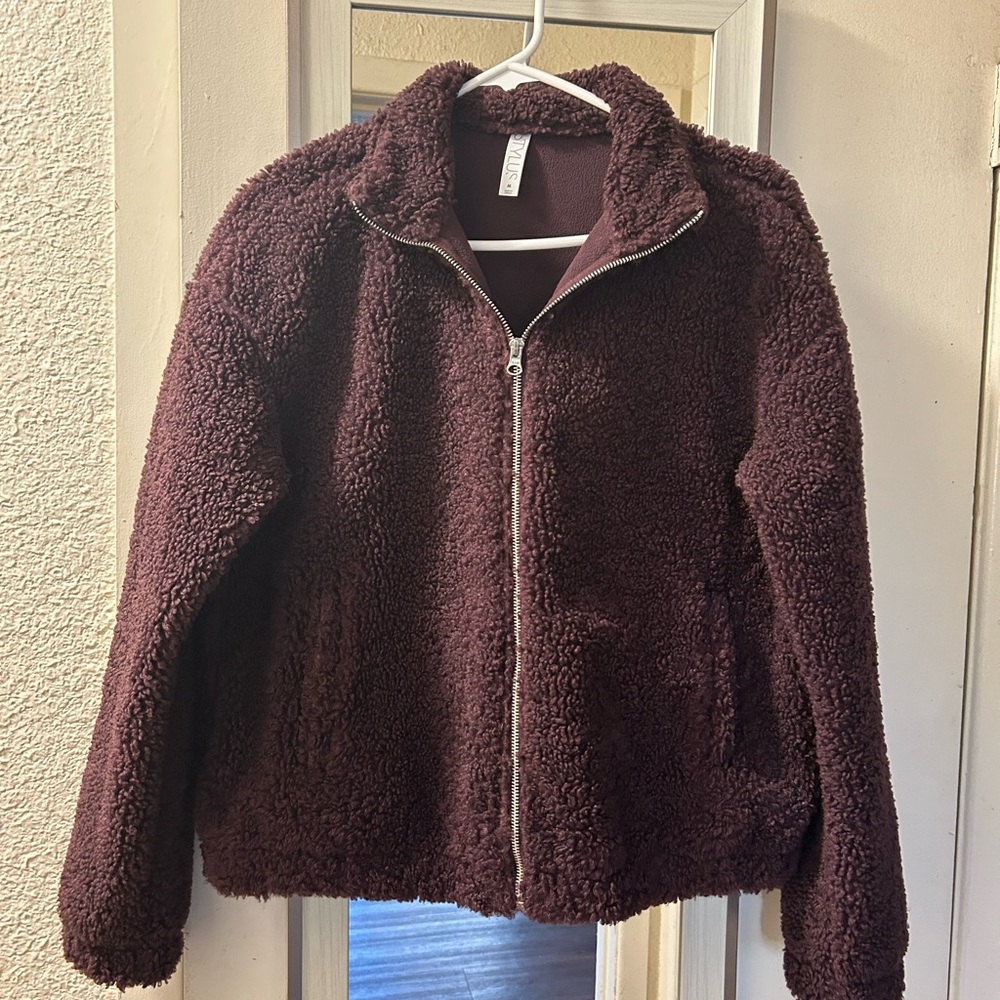 STYLUS Plush Zip-Up Teddy Jacket in Eggplant color